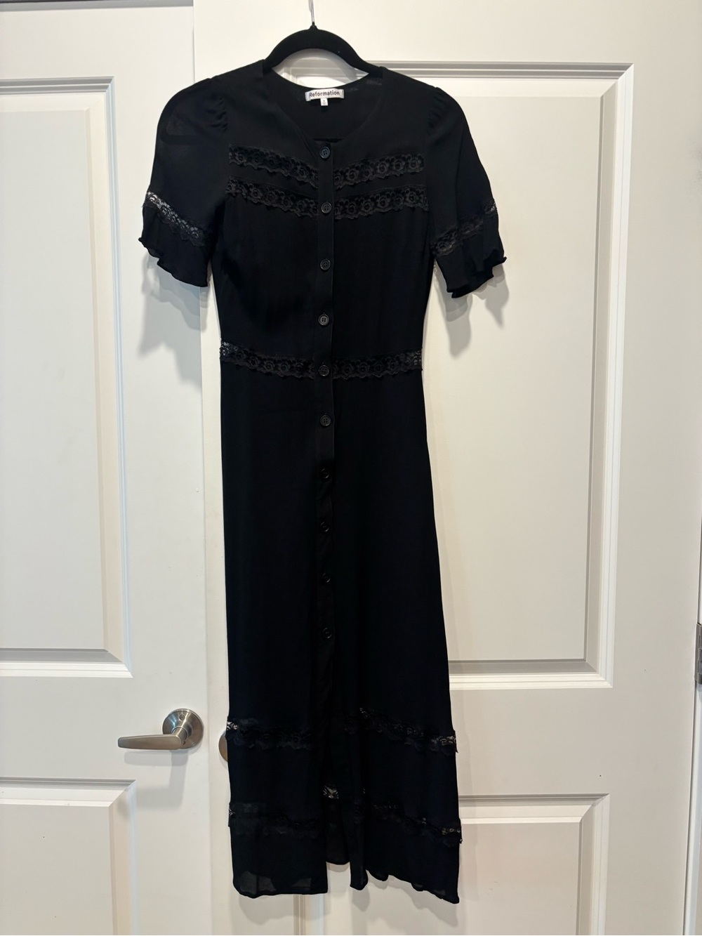 Reformation Woodson Dress Black Lace Trim Midi Dress | Size 6